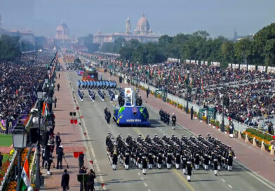 In this screengrab from a video posted on Jan. 26, 2026, Indian Navy marching contingent, front, and other marching contingents and tableaux proceed during the 77th Republic Day Parade at Kartavya Path, in New Delhi. (PTI)