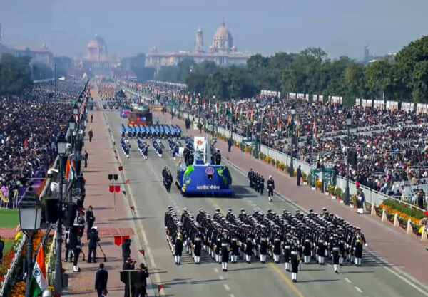 In this screengrab from a video posted on Jan. 26, 2026, Indian Navy marching contingent, front, and other marching contingents and tableaux proceed during the 77th Republic Day Parade at Kartavya Path, in New Delhi. (PTI)