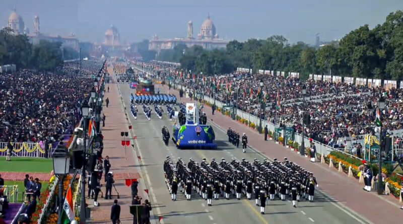 In this screengrab from a video posted on Jan. 26, 2026, Indian Navy marching contingent, front, and other marching contingents and tableaux proceed during the 77th Republic Day Parade at Kartavya Path, in New Delhi. (PTI)